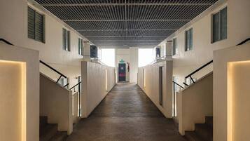 A corridor with a grid ceiling, flanked by walls with windows and doors, leading to a central point.