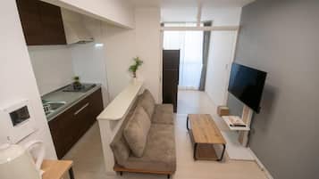 Un apartamento moderno con kitchenette, un sofá, una mesa de centro y un televisor.