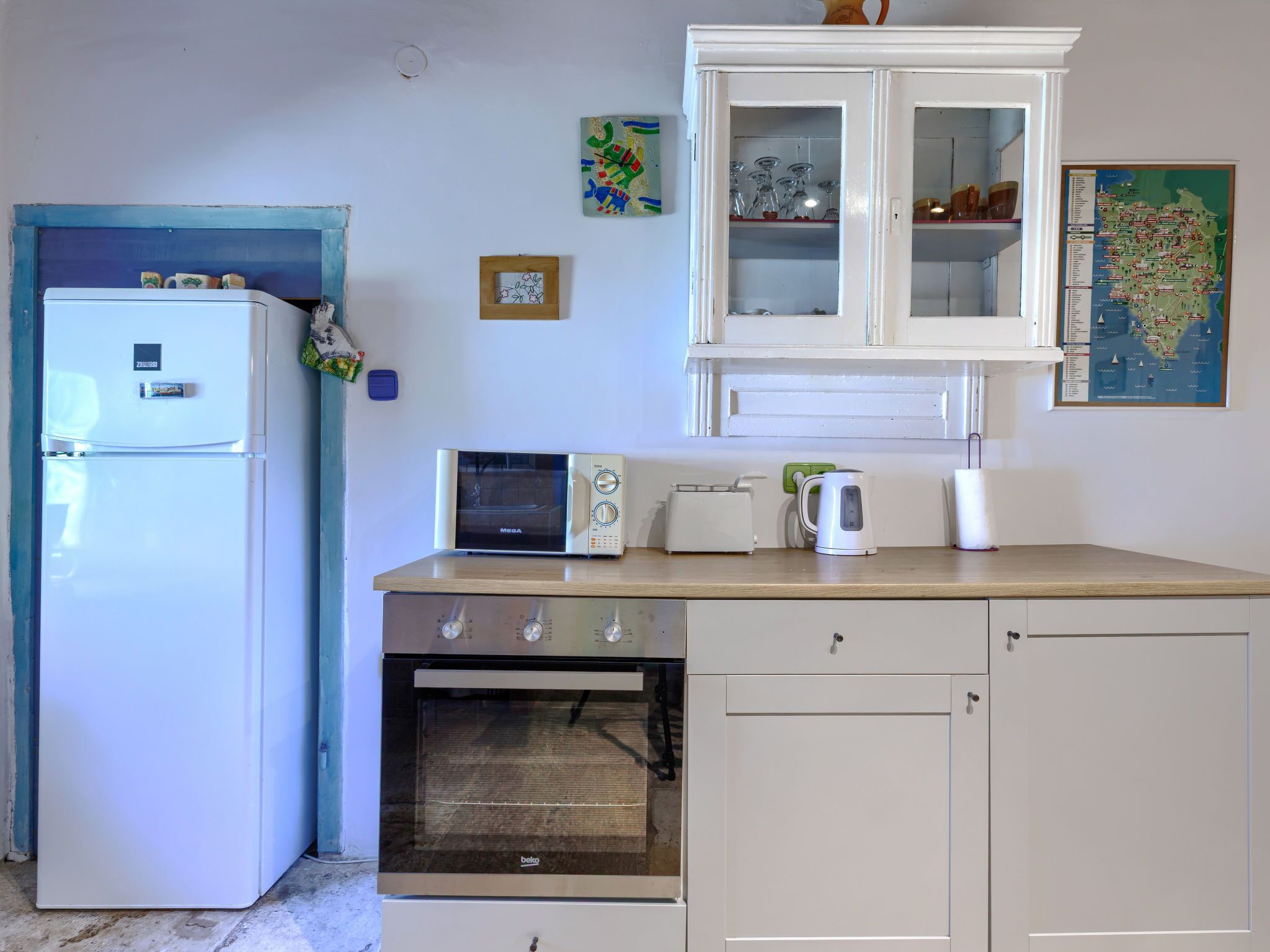 Fridge, microwave, cookware/dishes/utensils
