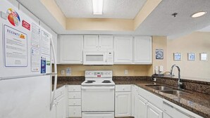 A compact kitchen with white cabinets, a microwave, a stove, and a sink. - 2BR Oceanfront View at Carolinian with Amazing  Pool (Myrtle Beach)