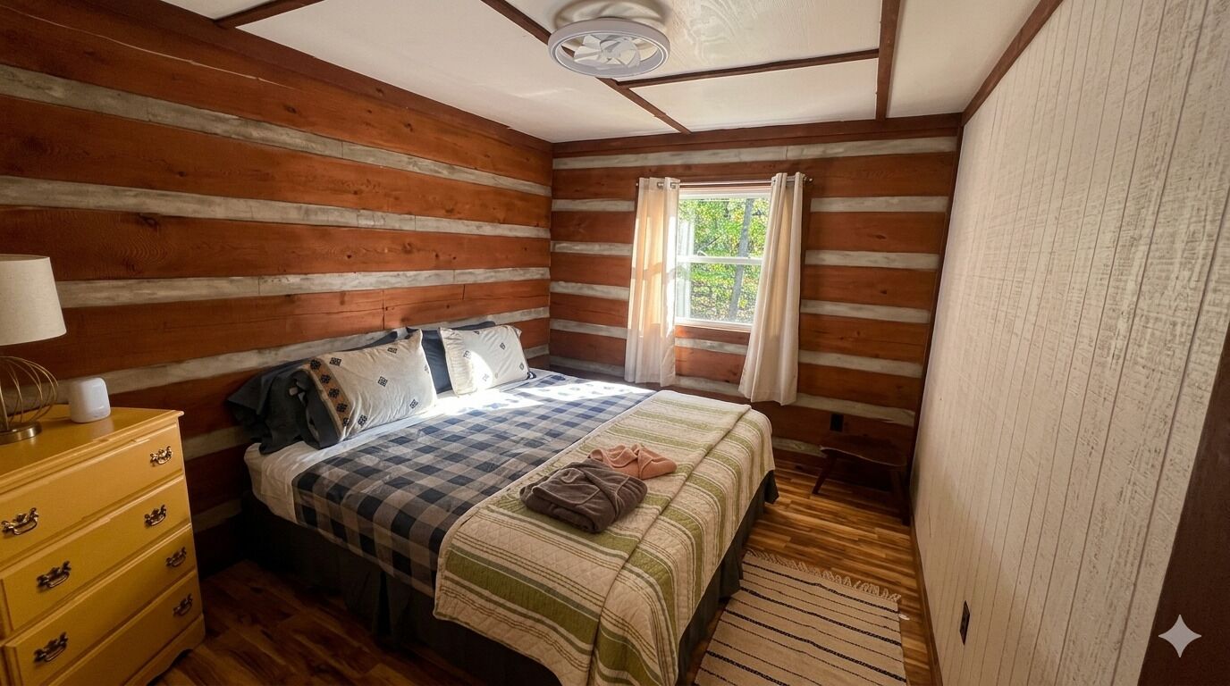 A cabin-style bedroom with a wooden log wall, a bed with a checkered bedspread, a nightstand with a lamp, and a window with curtains.