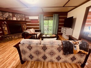 A living room with a fireplace, a sofa, a television, and a dog. - CLEAN fisherman cabin min to town (Cherokee)