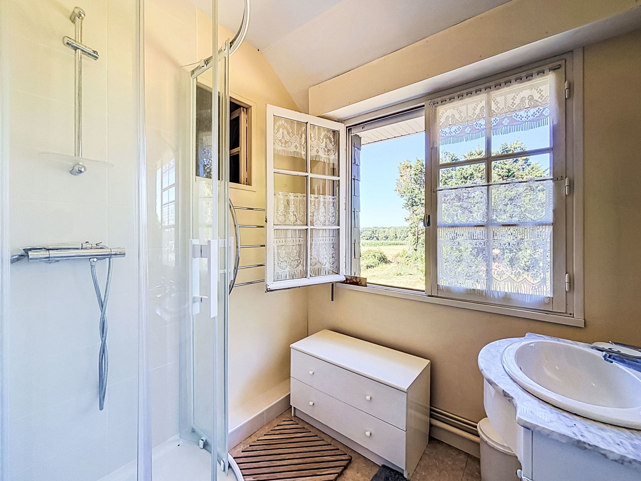 A bathroom with a shower, a sink, and a window with decorative glass panes.