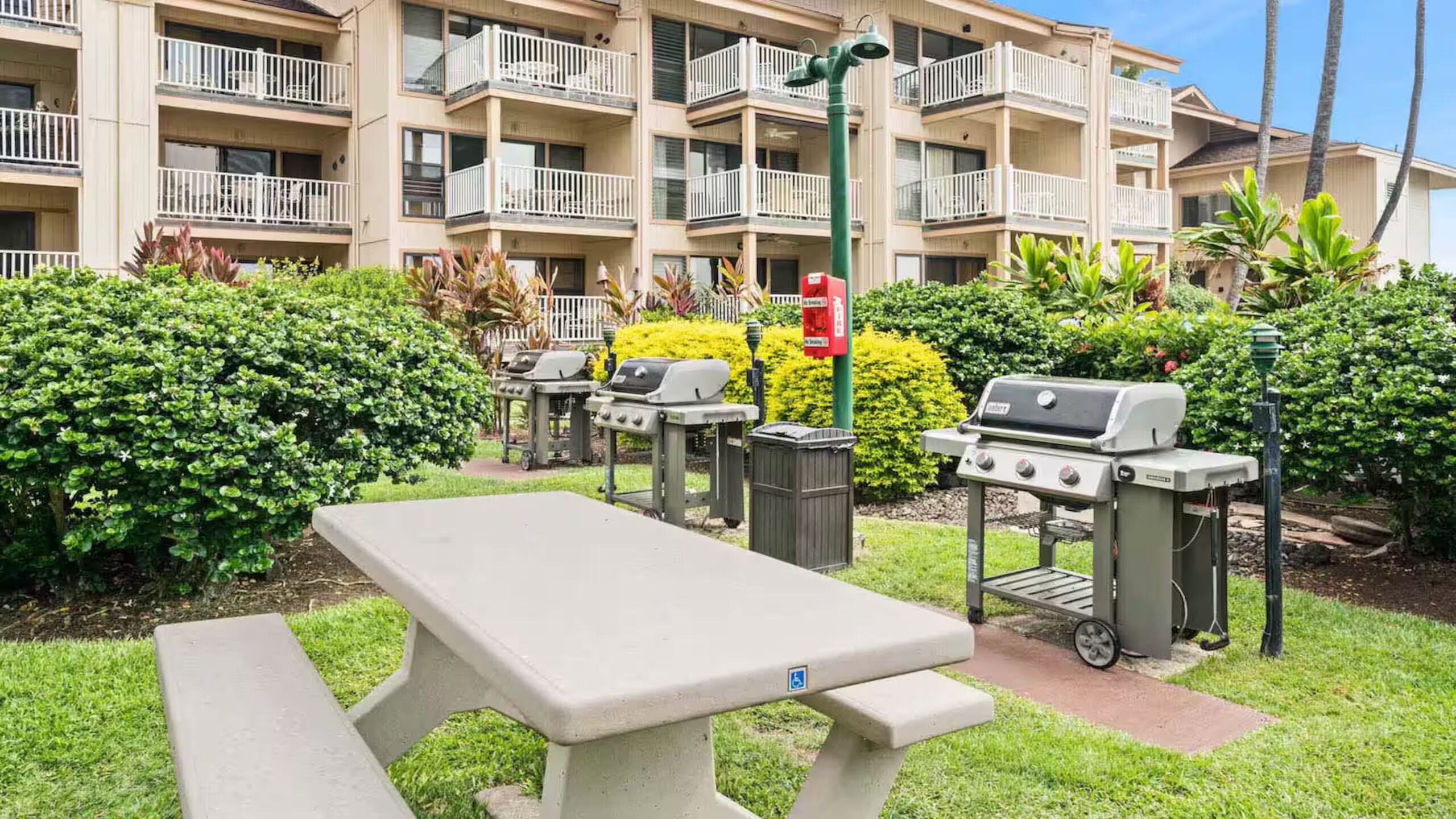Un espace extérieur aménagé en terrasse, avec une table de pique-nique et des barbecues, entouré d’arbustes bien entretenus et avec un immeuble à plusieurs étages en arrière-plan.