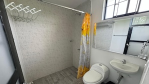 Baño con inodoro, lavamanos y zona de ducha.