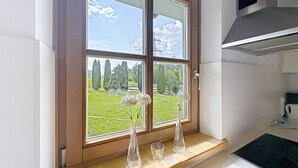 A kitchen with a large window, a sink, and a countertop. - Edelweiss Suite 9 by Interhome (Kaprun)