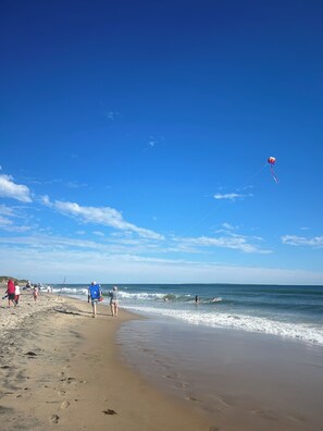 A beach with people walking and swimming, and a kite flying in the sky. - Amazing 4-bedroom house with beautiful views in gorgeous Aquinnah (Aquinnah)