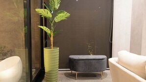 A modern interior with a potted plant, a grey upholstered bench, and a white armchair. - Gorgeous home with direct access to the Ocean (Conchalio)