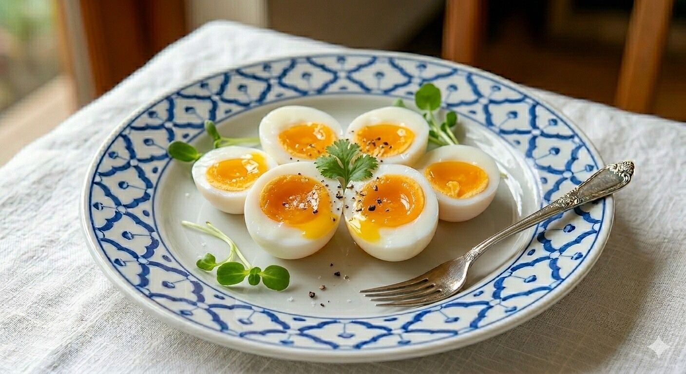 Een bord met in de lengte gehalveerde gekookte eieren, versierd met zwarte peper en peterselie, op een blauw-wit bord.