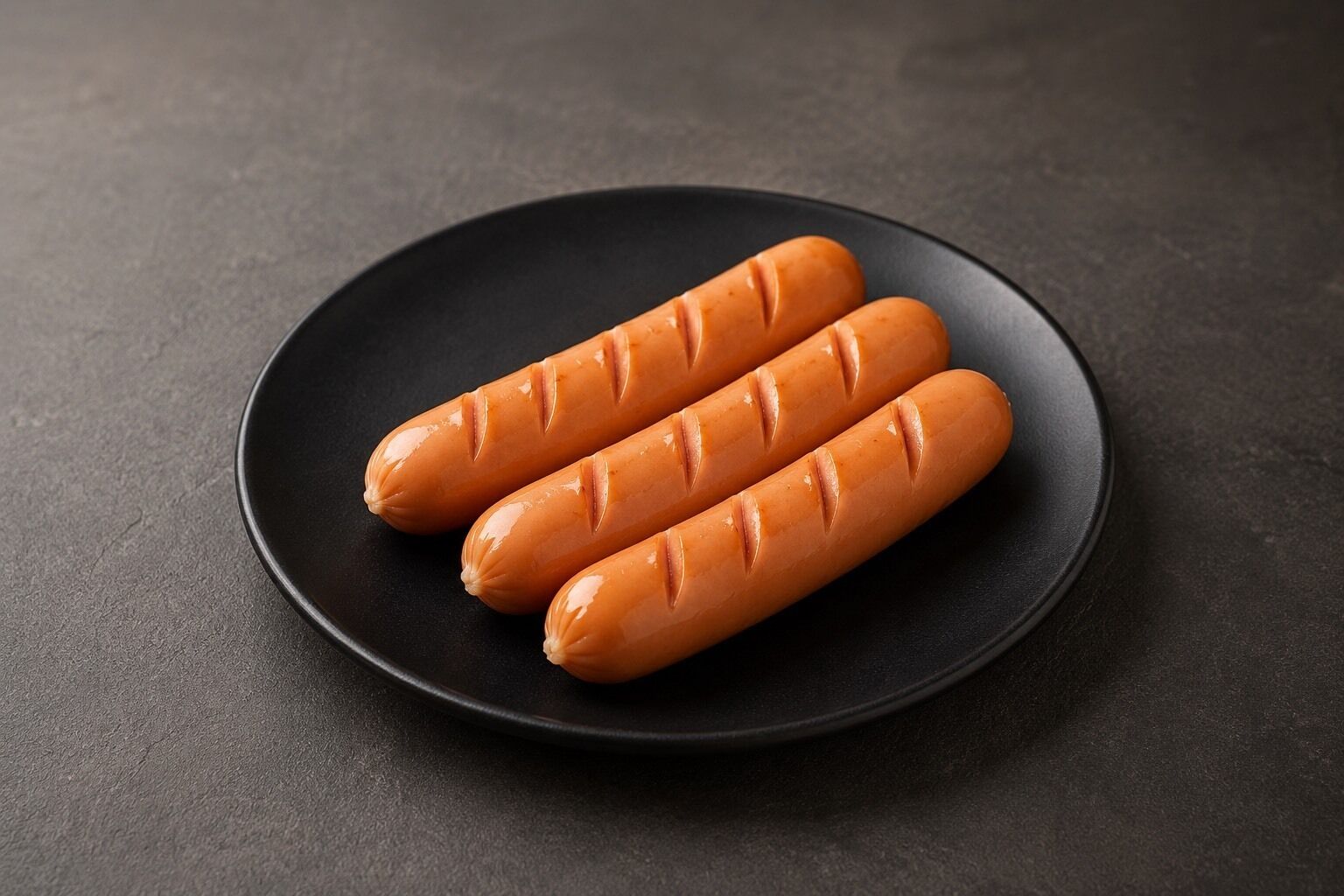 Trois saucisses sur une assiette noire.