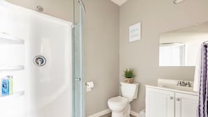 A bathroom with a shower, toilet, sink, and a mirror.