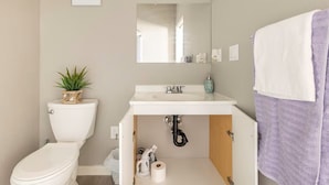 A bathroom with a toilet, sink, mirror, and towel rack.