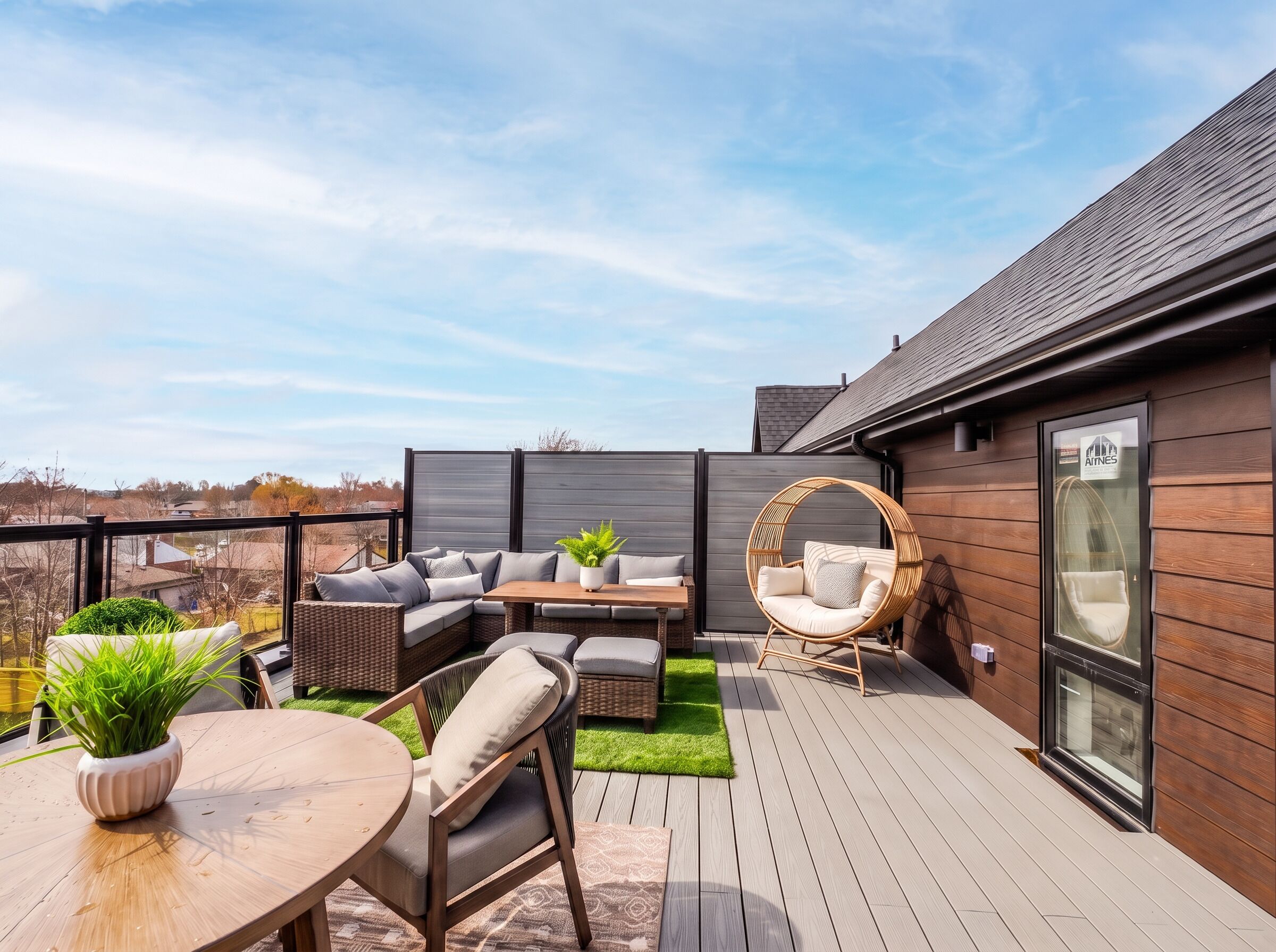 A modern outdoor deck with a sofa set, a round wicker chair, and a dining table.