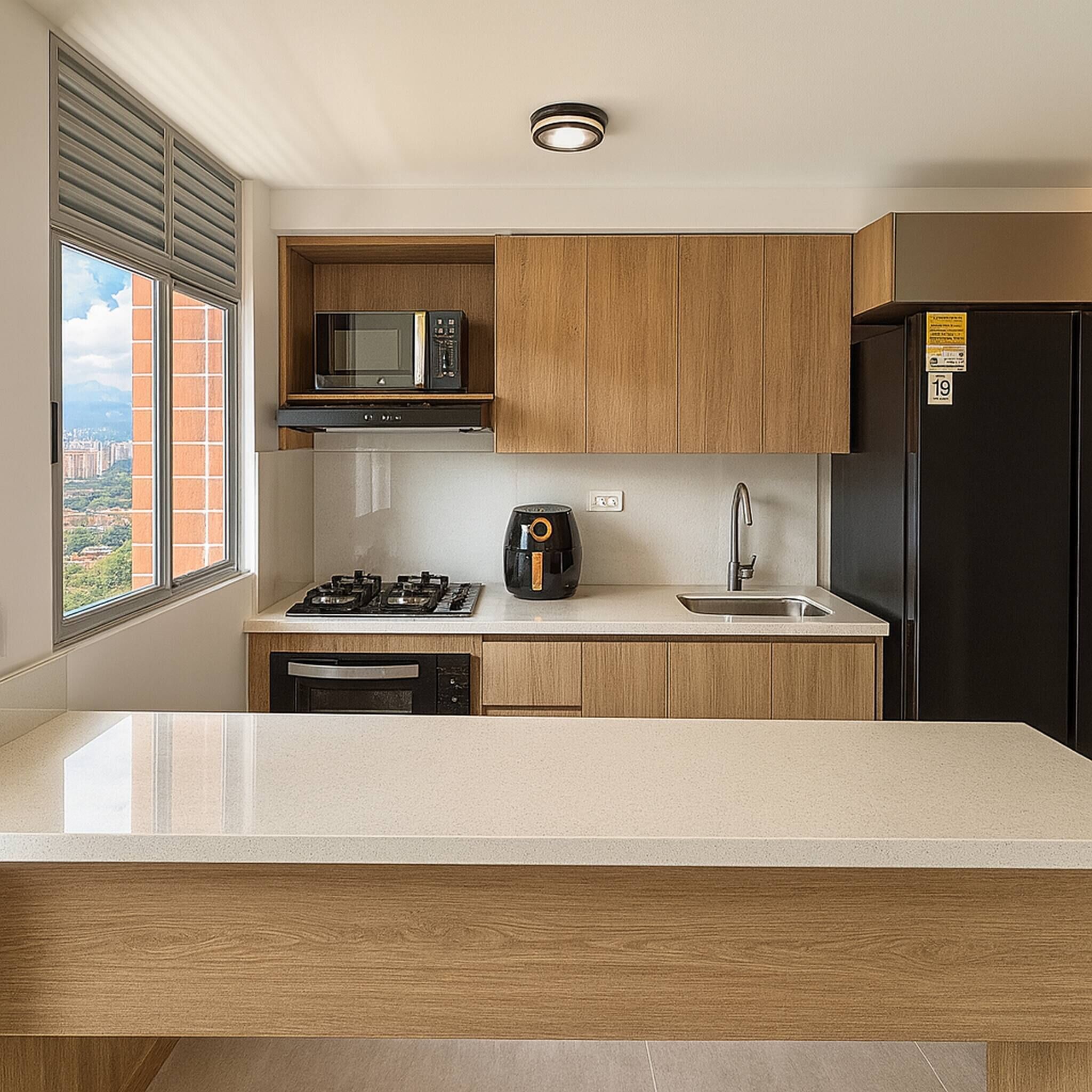 A modern kitchen with a gas stove, microwave, coffee maker, and a refrigerator.