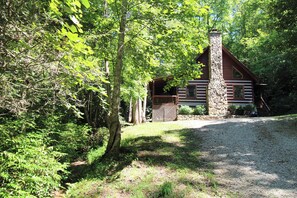 Eine Holzhütte mit einem Steinkamin, umgeben von dichtem Wald.