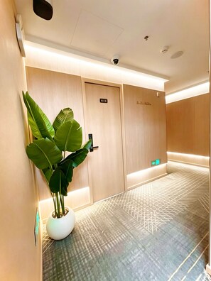 Um corredor com planta em vaso, uma porta com placa e um tapete estampado.