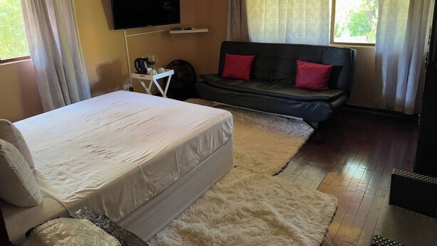 A bedroom with a bed, a sofa, a TV, and a window with curtains.