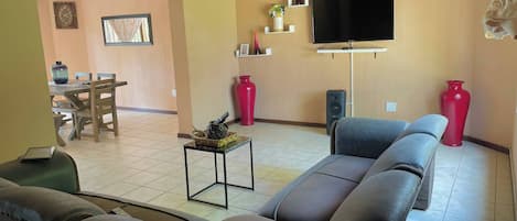 A living room with a sofa, TV, and a dining area with chairs and a table.