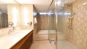 A modern bathroom with a glass-enclosed shower, a bathtub, and a vanity with a mirror.