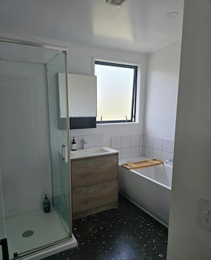 Shower, hair dryer, towels, soap