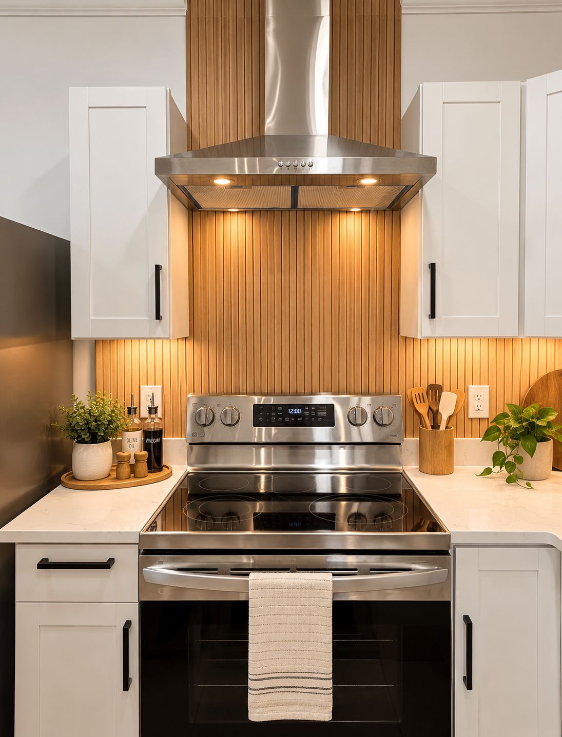 A modern kitchen with stainless steel appliances, wooden paneling, and a digital clock.