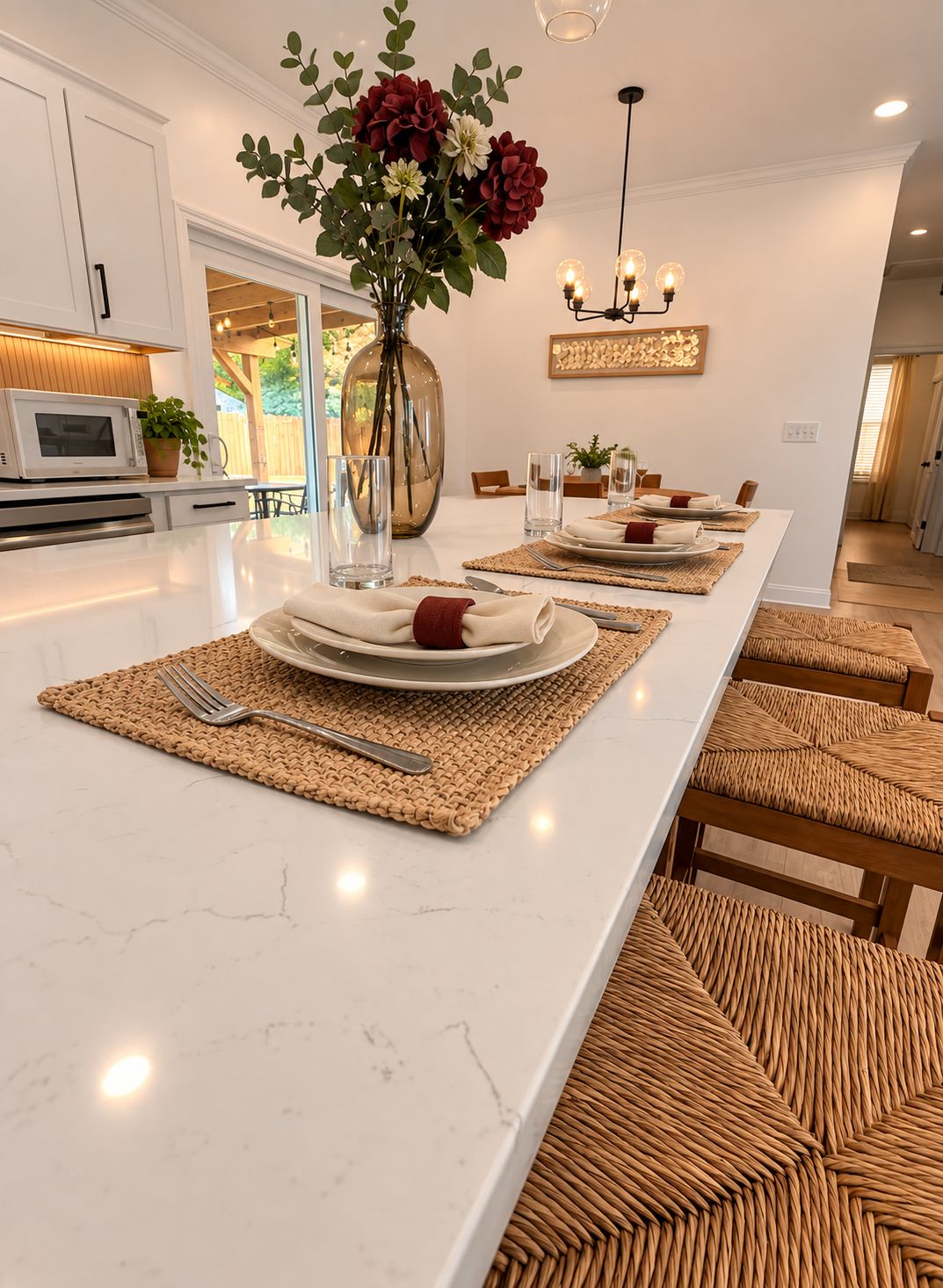 A modern kitchen with a long island, white cabinetry, a microwave, and a vase with flowers.