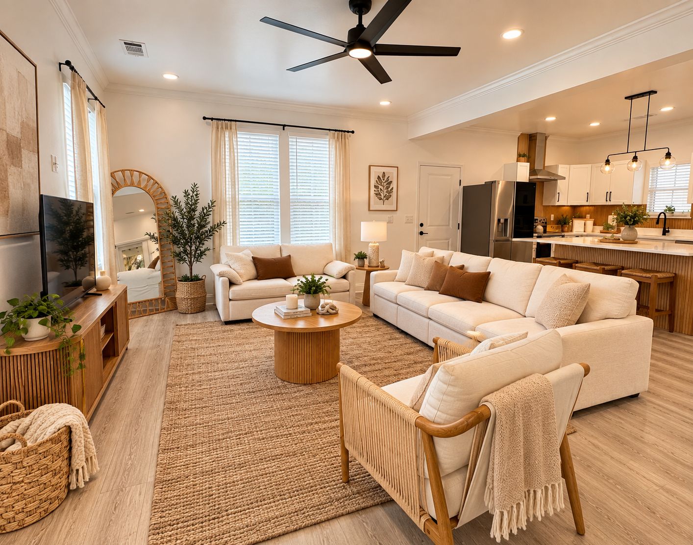 A modern living room with a sofa, armchairs, a coffee table, and a TV.