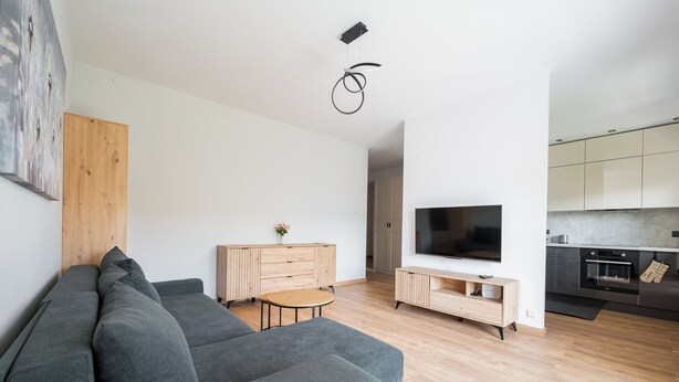 A modern living room with a grey sofa, a wooden cabinet, a TV, and a kitchen area. - Modlińska Riverside Comfort Apartment (Warszawa)