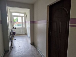 A hallway with a bicycle, a door, and a window leading to a car.