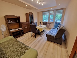 A compact room with a bed, a sofa, a dining table, and a cabinet.