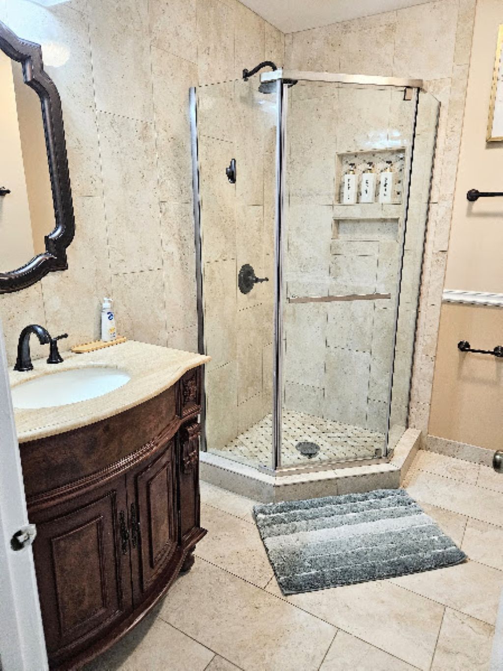 Hair dryer, towels, soap, toilet paper