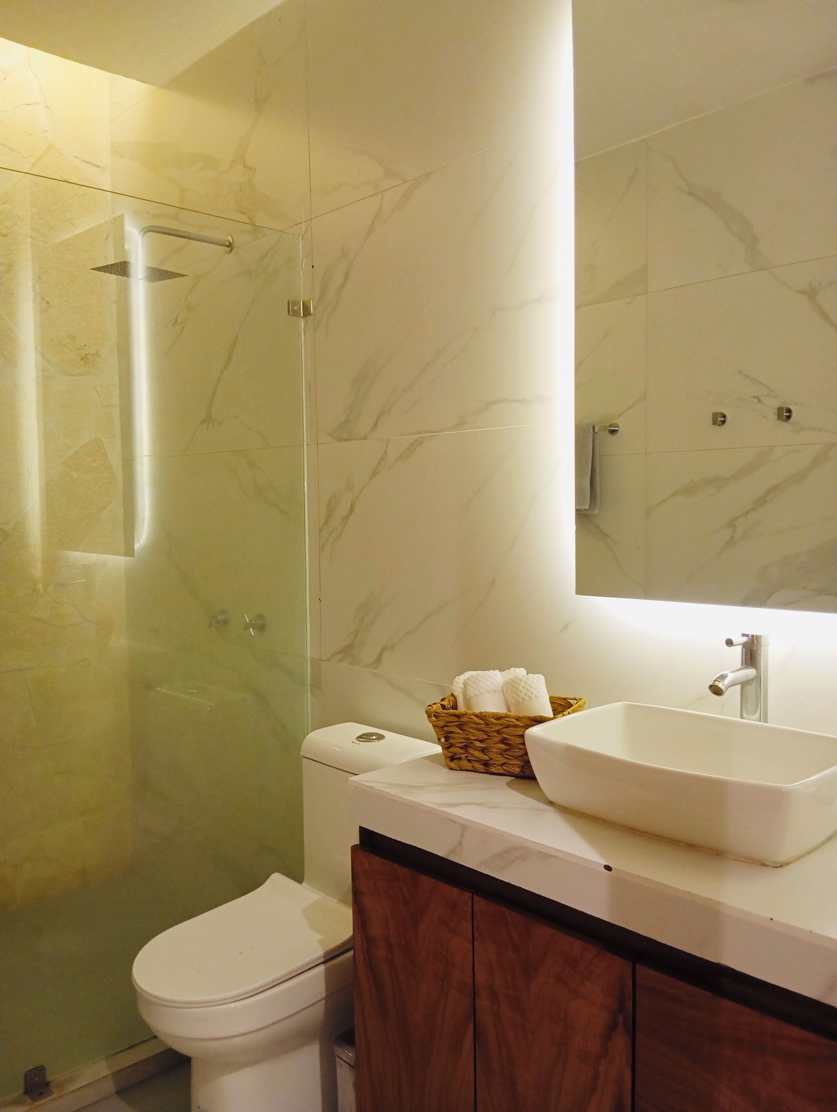 A bathroom with a glass-enclosed shower, a white toilet, a wooden cabinet, a white sink, and a mirror above the sink.