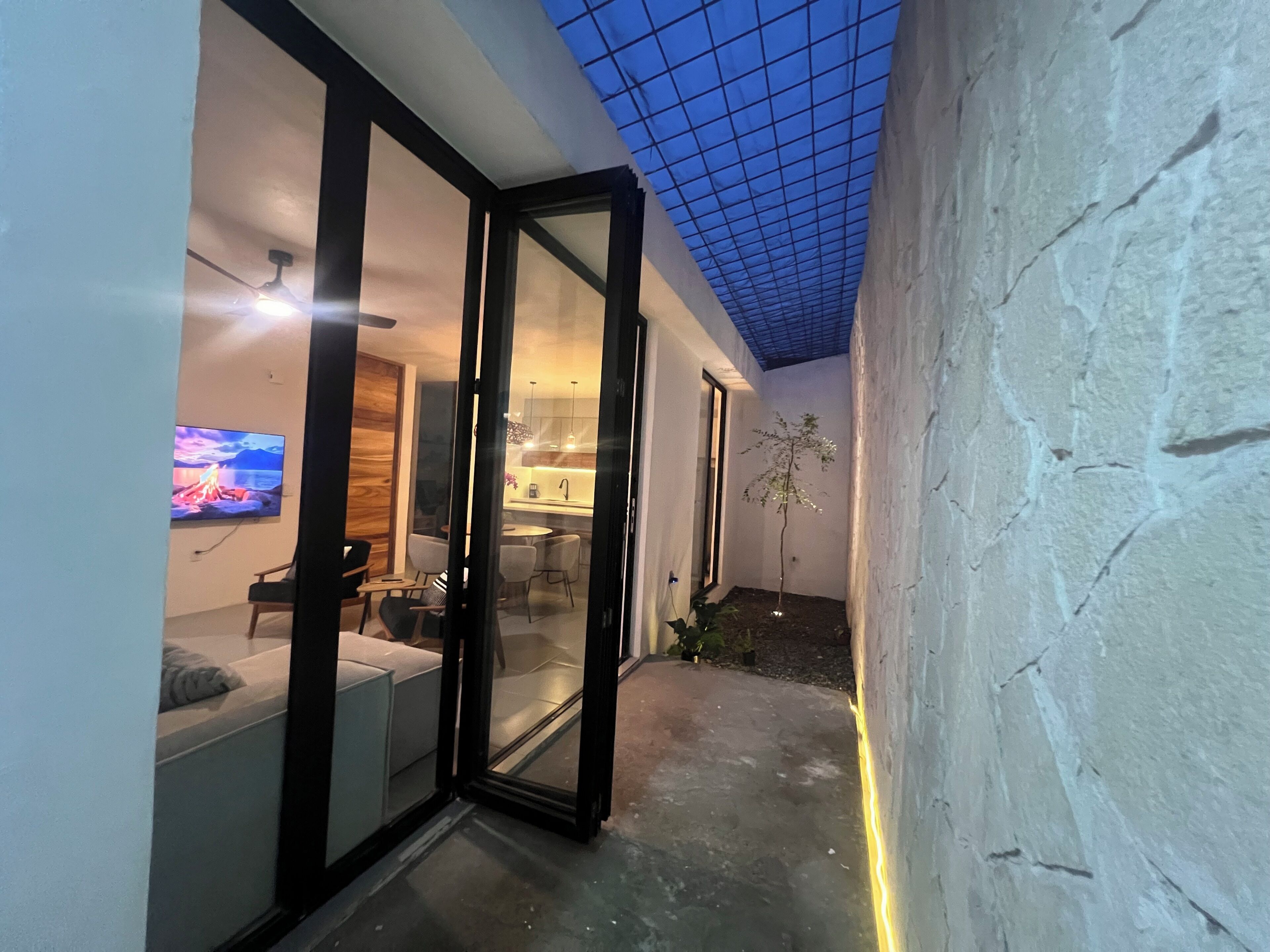 An interior space with a glass door leading to a dining area, a television mounted on the wall, and a ceiling with a grid pattern.