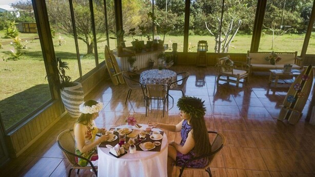 An outdoor patio with a round table and chairs, surrounded by potted plants and a view of a garden. - Hotel Y Cabanas Henua Iti (Hanga Roa)