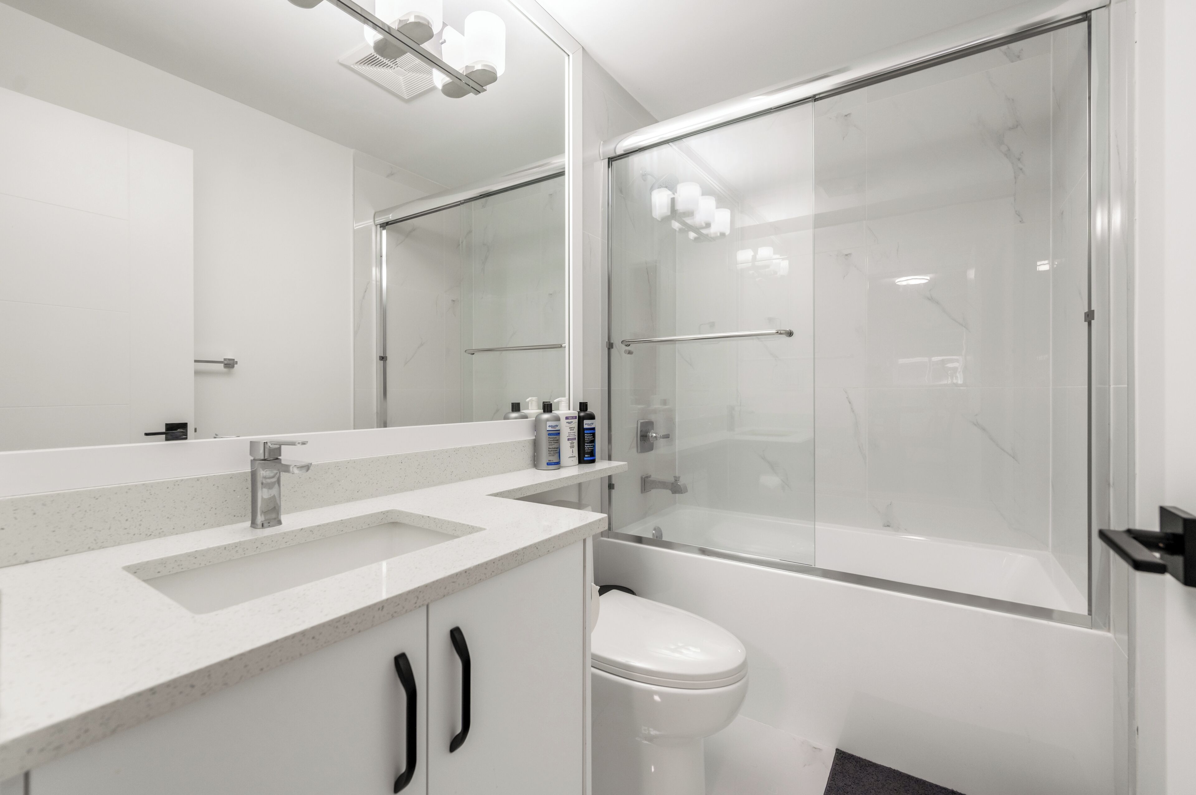 Hair dryer, towels, soap, shampoo