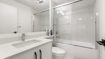 Hair dryer, towels, soap, shampoo