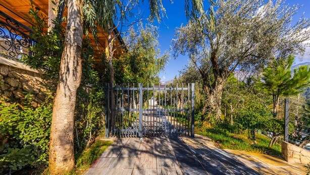 Un sendero de madera conduce a una entrada con puerta, rodeada de follaje y árboles.