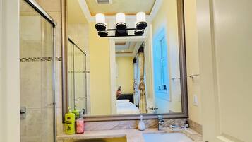 Combined shower/bathtub, free toiletries, hair dryer, towels