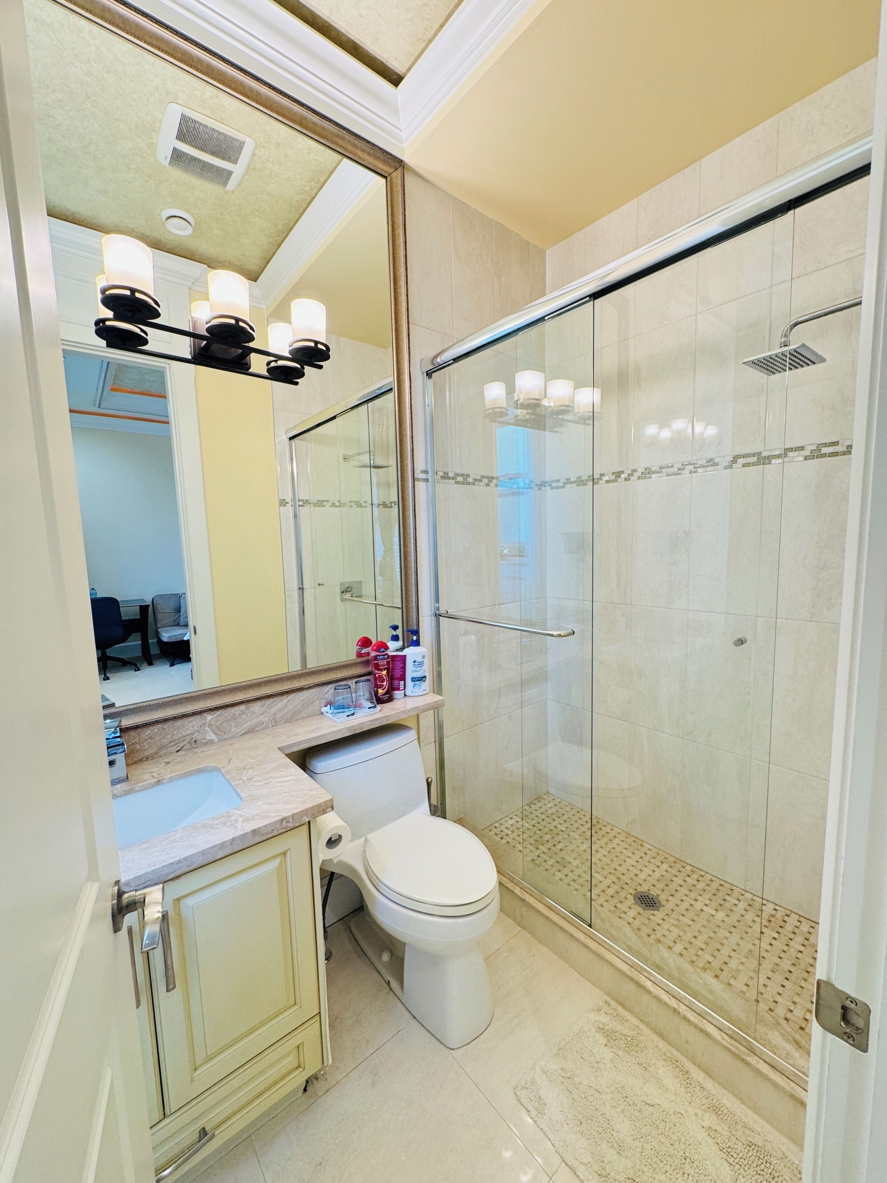 Een badkamer met een douchecabine van glas, een toilet, een wastafel met opbergruimte en een spiegel.