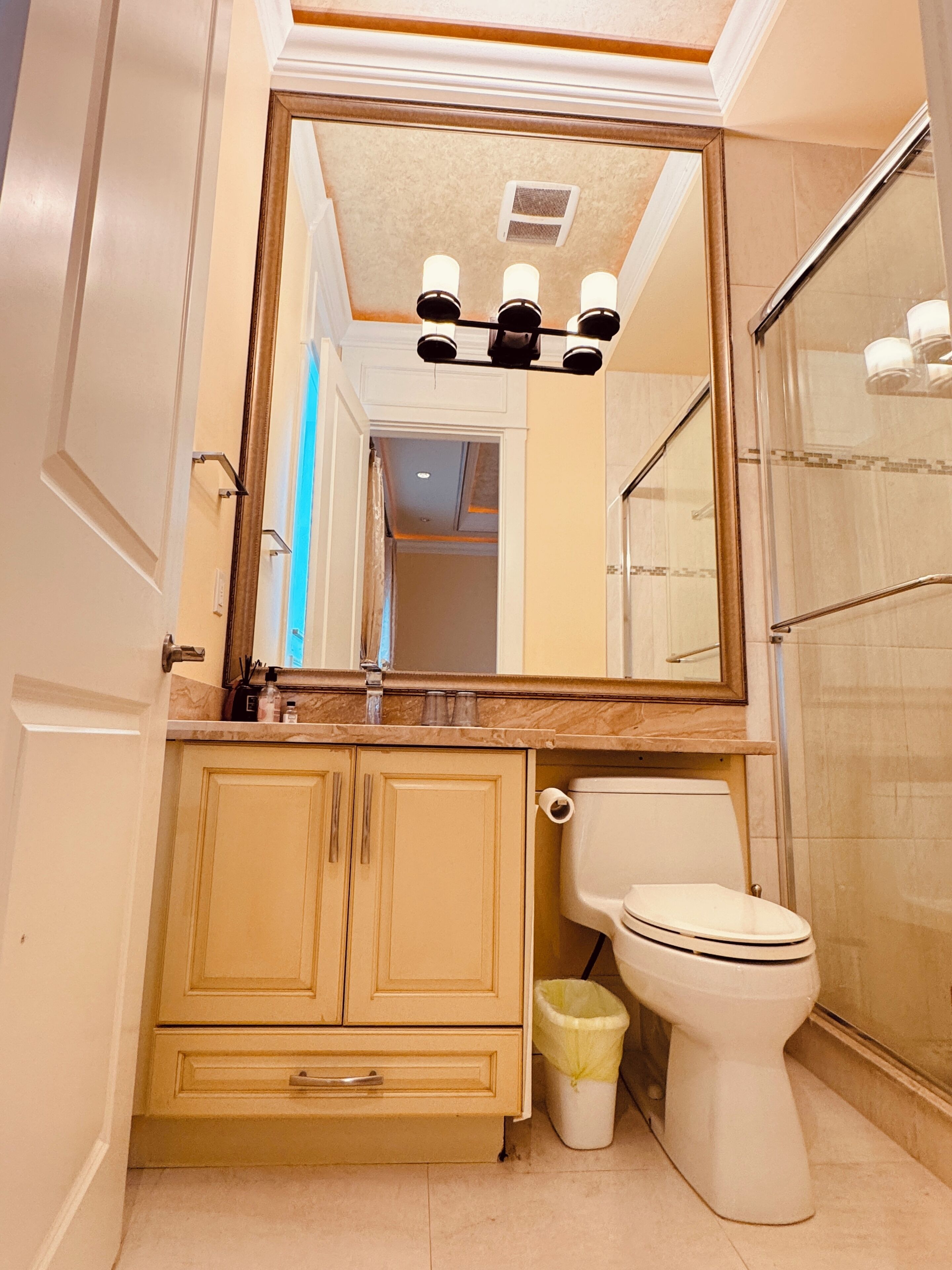 Un baño con inodoro, lavabo con espejo y zona de ducha.