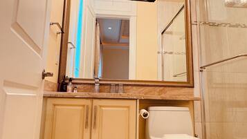 Un baño con inodoro, lavabo con espejo y zona de ducha.