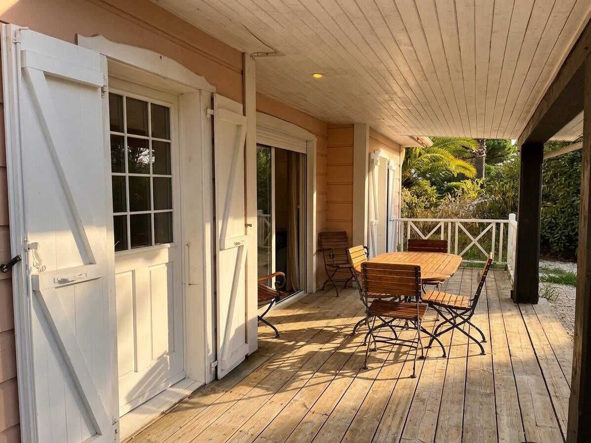 Une terrasse couverte avec une plateforme en bois, des portes blanches et une table avec des chaises.
