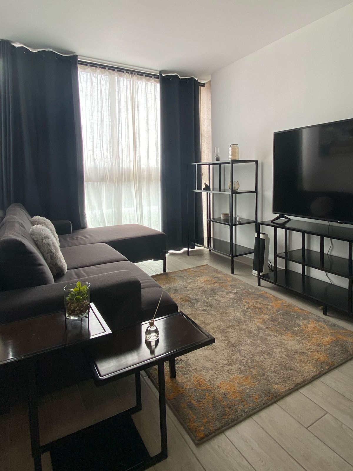 En moderne stue med sofa, sofabord, fjernsyn på et skab og reol.