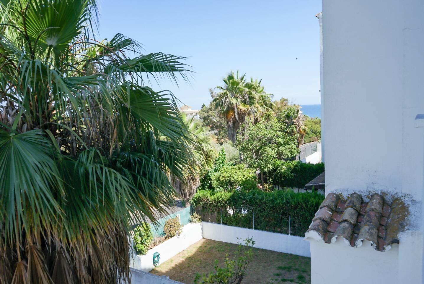 A white building with a tiled roof, a palm tree, and various shrubs.