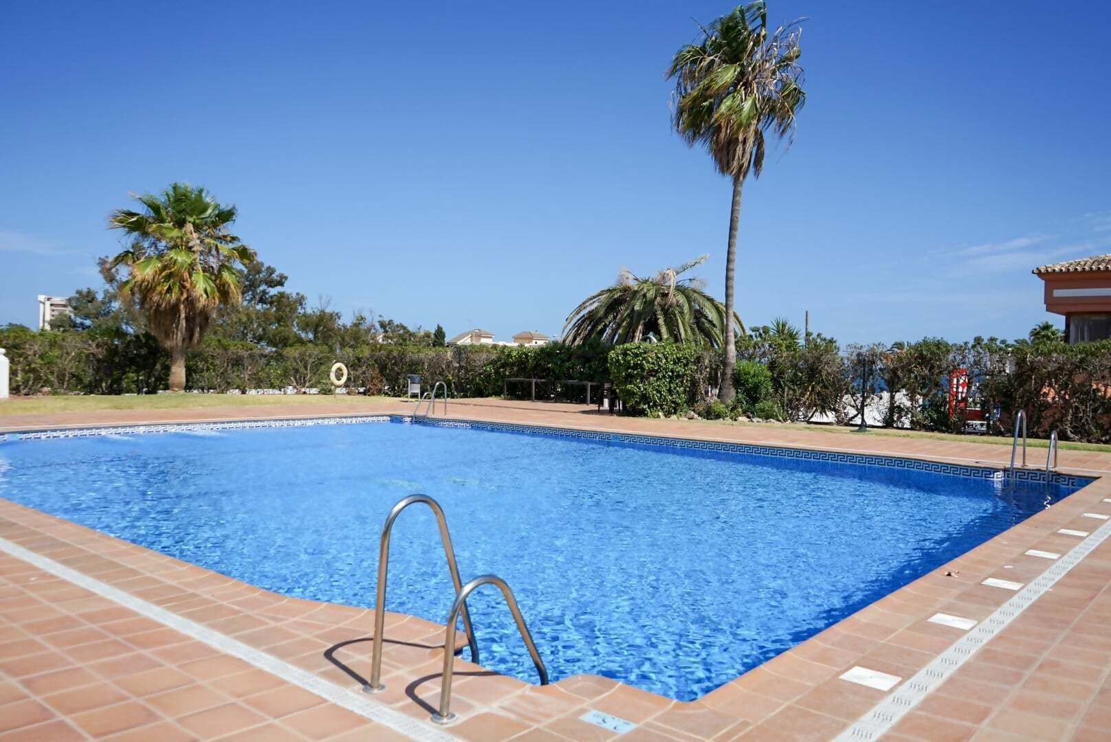 En swimmingpool med kristallklart blått vatten, omgiven av en kakelbeklädd terrass och palmer.