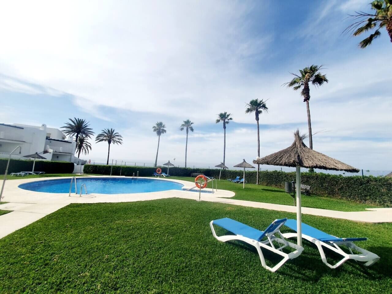 Una piscina con sillones de descanso y palmeras.