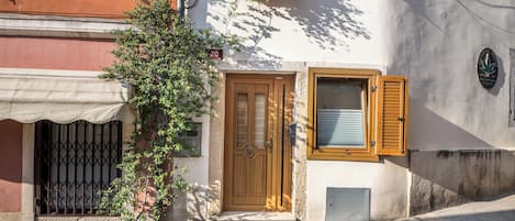 Un edificio con puerta de madera, una ventana con contraventanas y una planta en maceta.