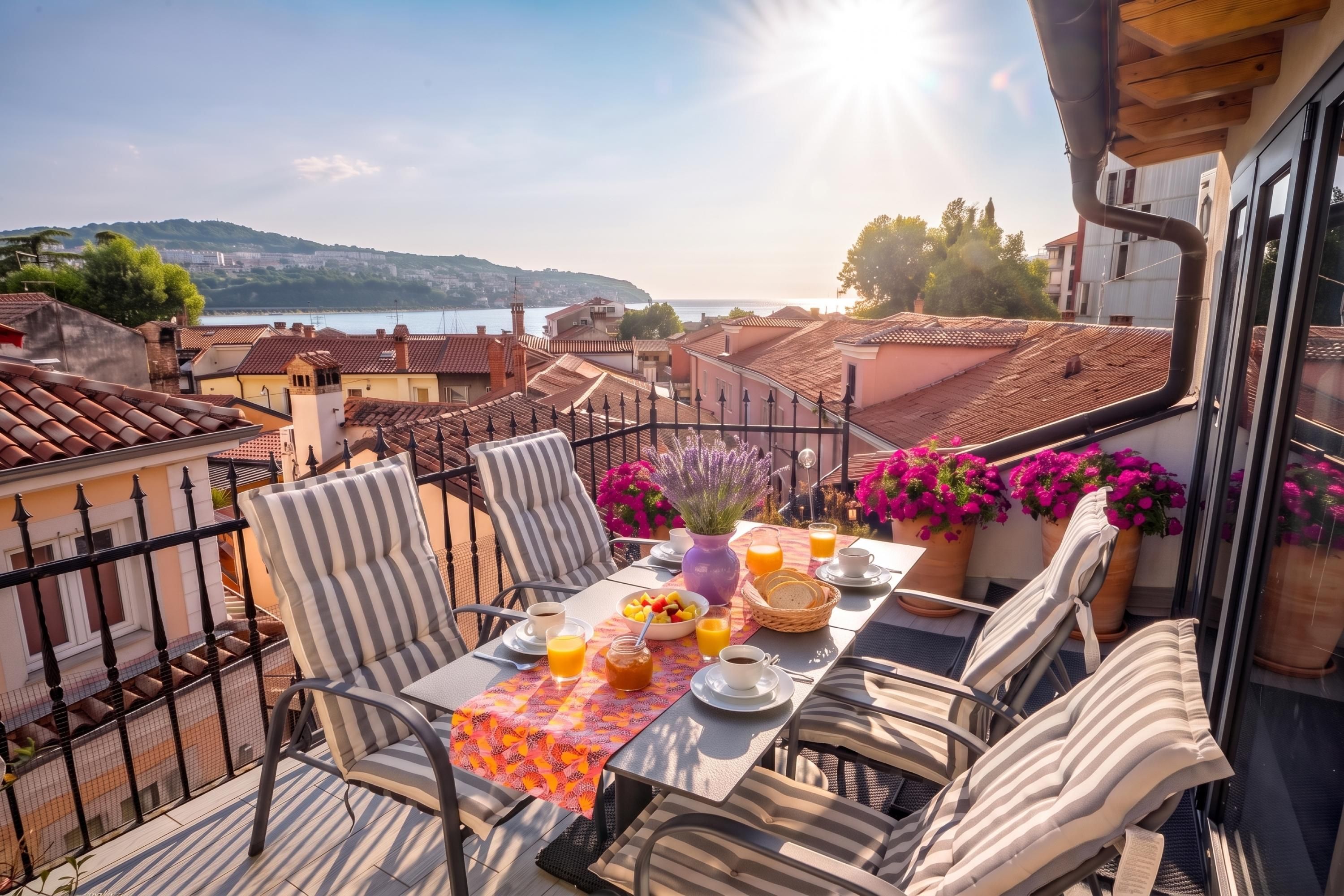 Un balcon avec une table préparée pour le petit-déjeuner, donnant sur une ville côtière.
