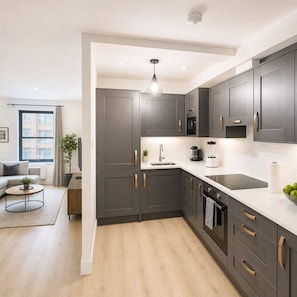 A modern kitchen with grey cabinets, a white countertop, and a black stove. - Modern Central Dublin Apartment  Near Bolton Square (Dublin 1)