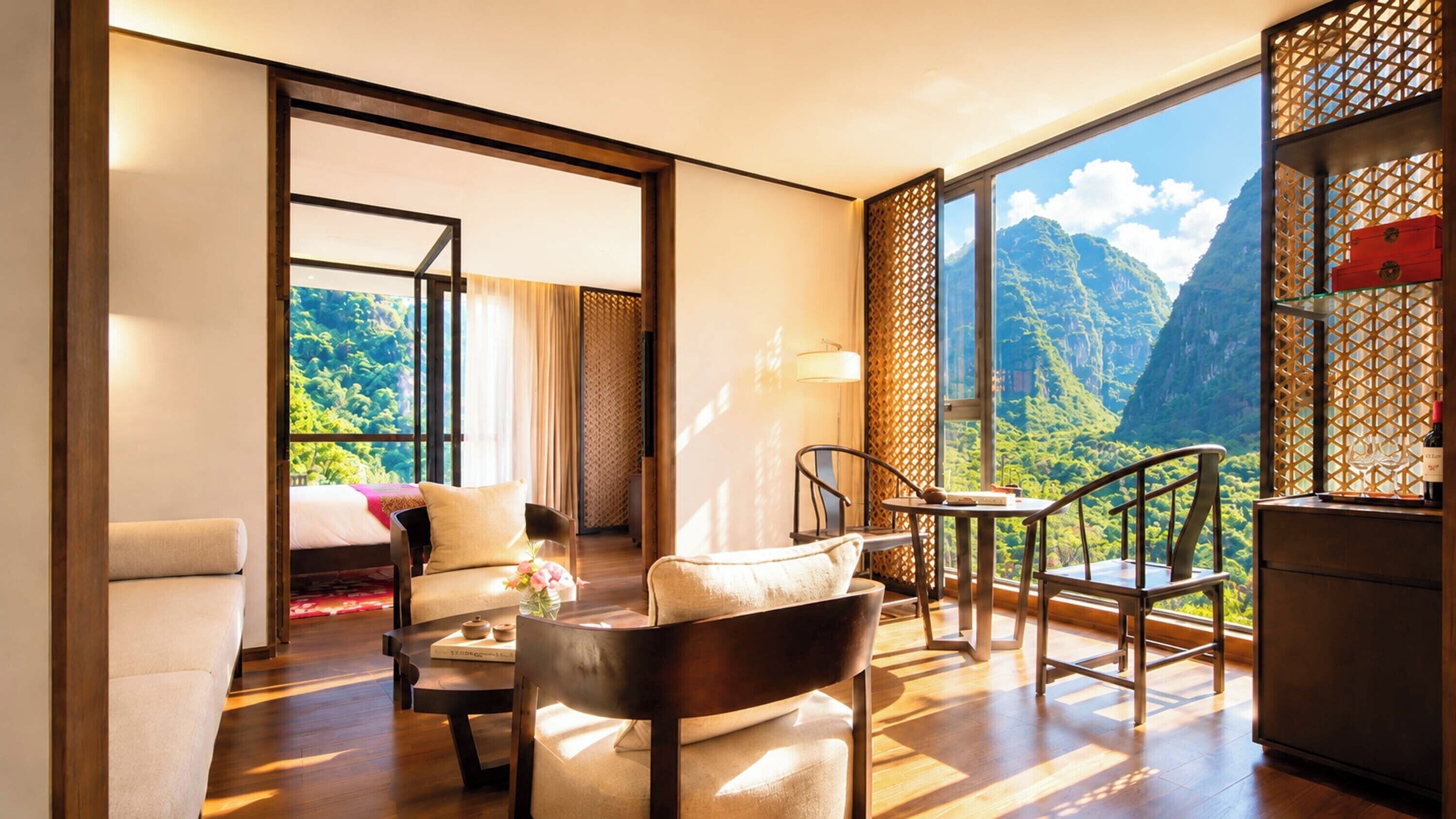 Ein Hotelzimmer mit Bett, einer Couch, einem Tisch und Stühlen. Es gibt ein großes Fenster mit Blick auf die Berge.